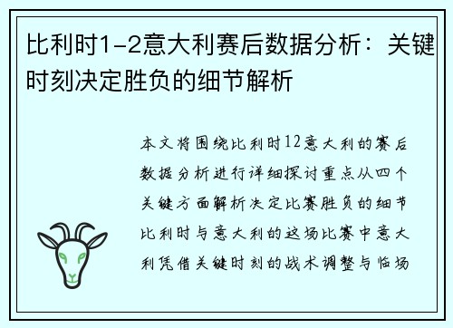 比利时1-2意大利赛后数据分析：关键时刻决定胜负的细节解析