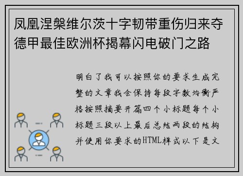 凤凰涅槃维尔茨十字韧带重伤归来夺德甲最佳欧洲杯揭幕闪电破门之路